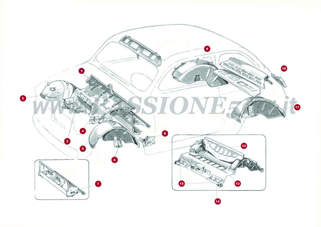 VUE EN ÈCLATÈ 4C – Pièces internes de carrosserie avant et arrière FIAT 500D