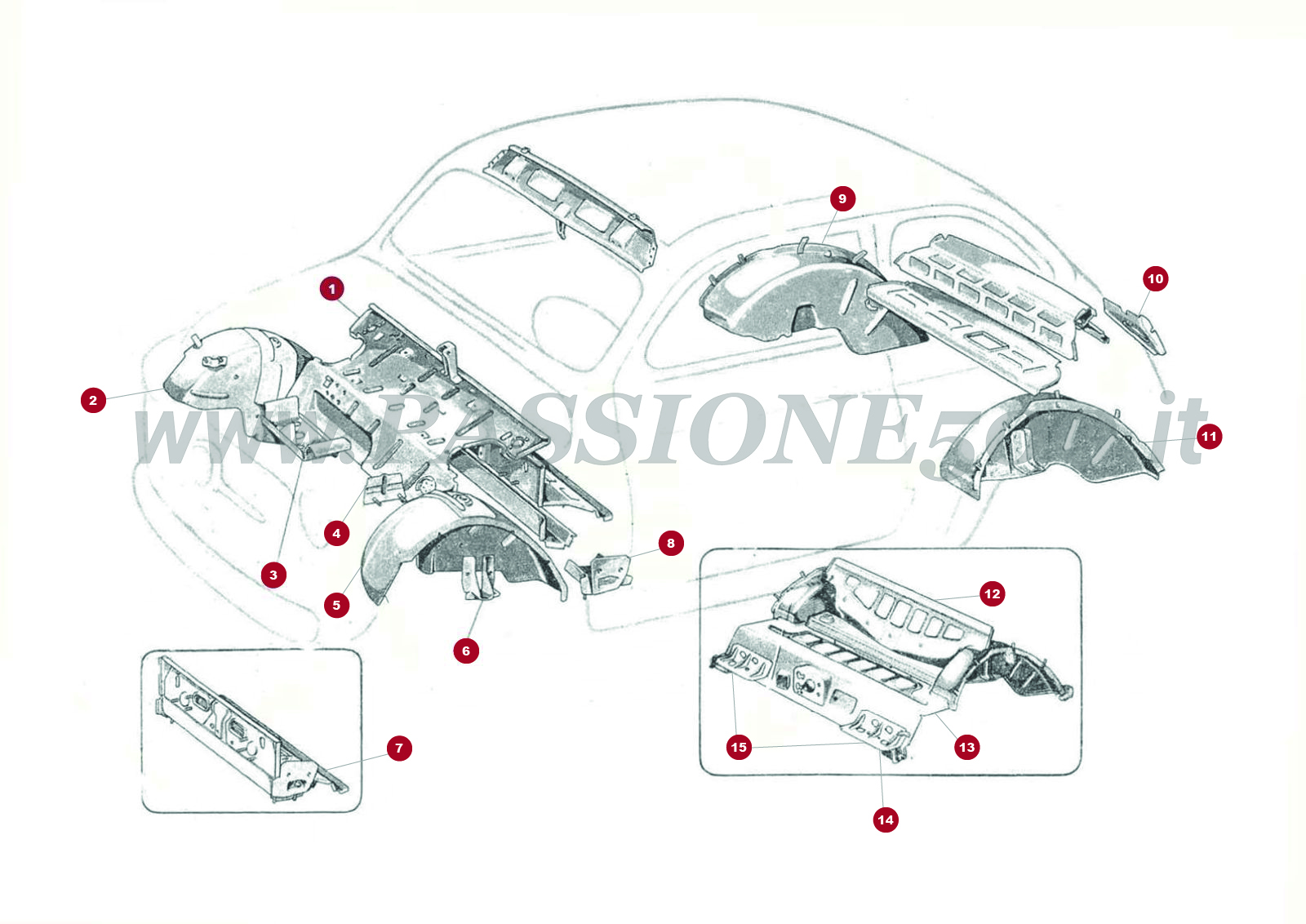 DESSIN 4C – Pièces internes de carrosserie avant et arrière FIAT 500N