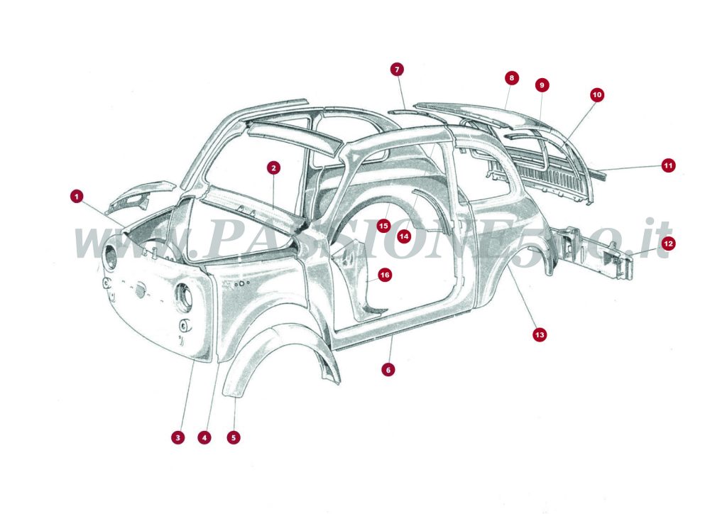 VUE EN ÈCLATÈ 5C/1 – Pièces externes de carrosserie FIAT 500N Normale tetto apribile