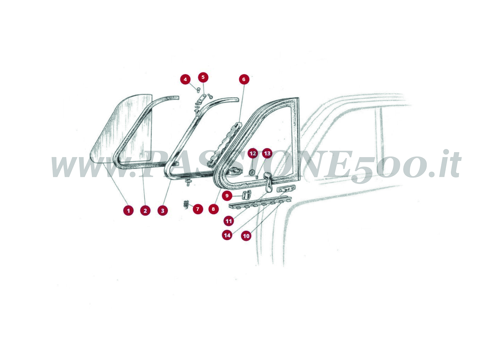 EXPLODED VIEW 6C – Quarter light and parts FIAT 500 Giardiniera Base D until n° for spares 20220