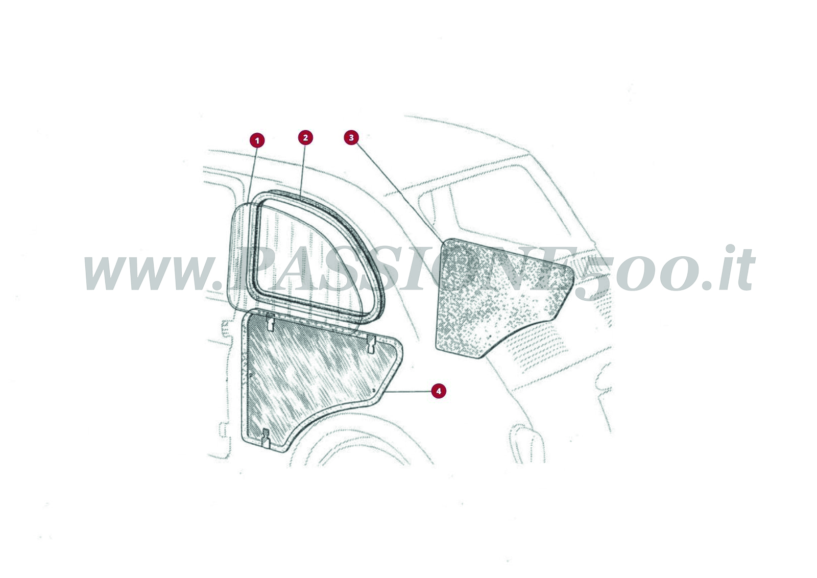 DESSIN 8C – Vitre de custode et guarniture panneau arrière FIAT 500N