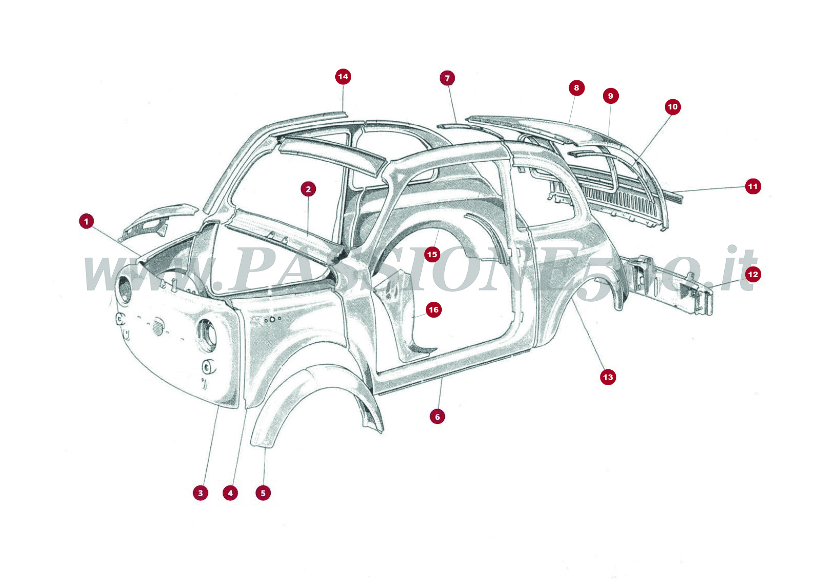DISEGNO 5C1 –  Lamierati esterni FIAT 500N Normale tetto apribile