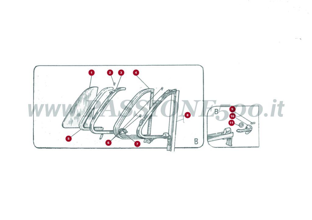 VUE EN ÈCLATÈ 6C/1 – Vitre dèflecteur et particulier FIAT 500D du n° de pièces détachées 193609