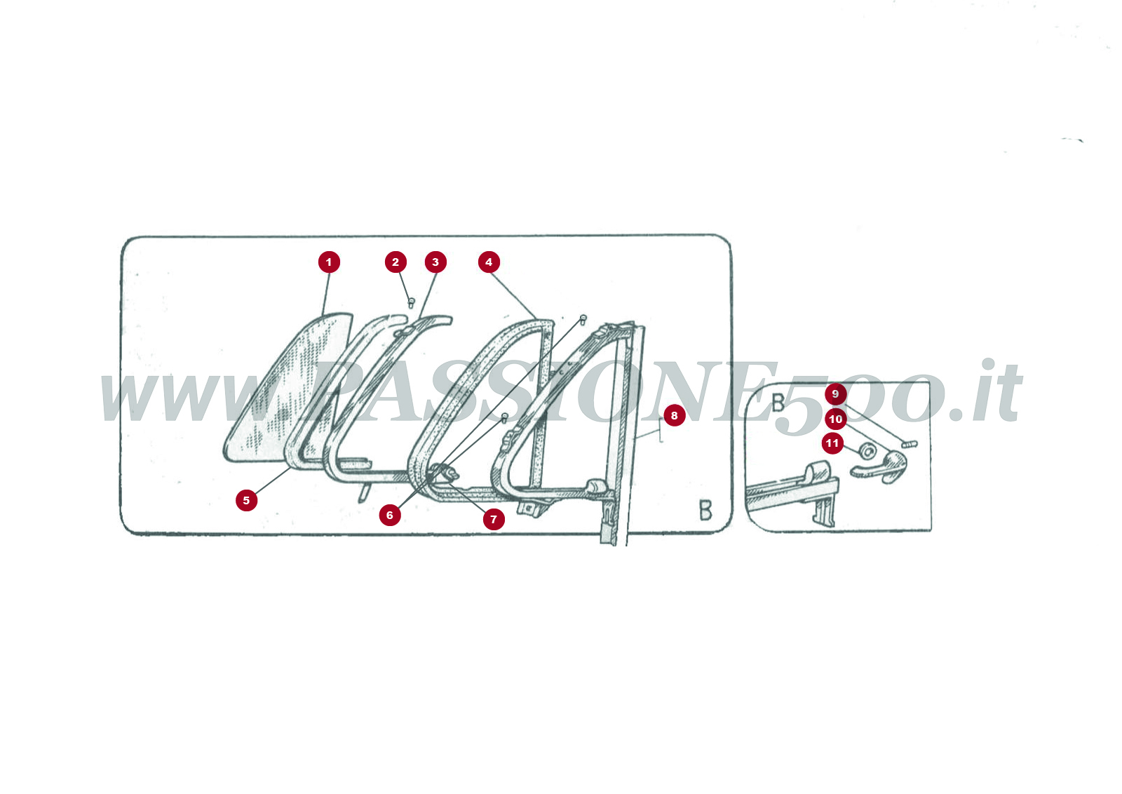 ESPLOSO 6C/1 – Cristallo deflettore e particolari FIAT 500D da n° per ricambi 193609