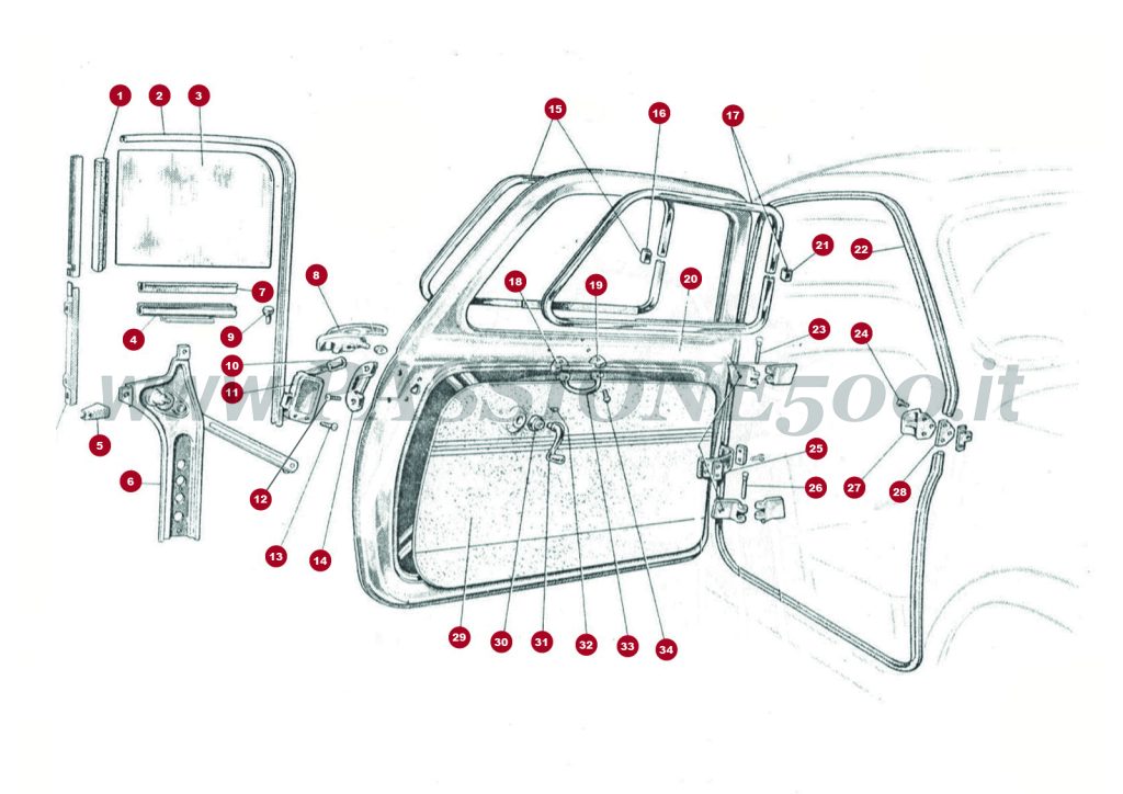 VUE EN ÈCLATÈ 7C – Portière et particulier FIAT 500D jusqú à n° de pièces détachées 314070