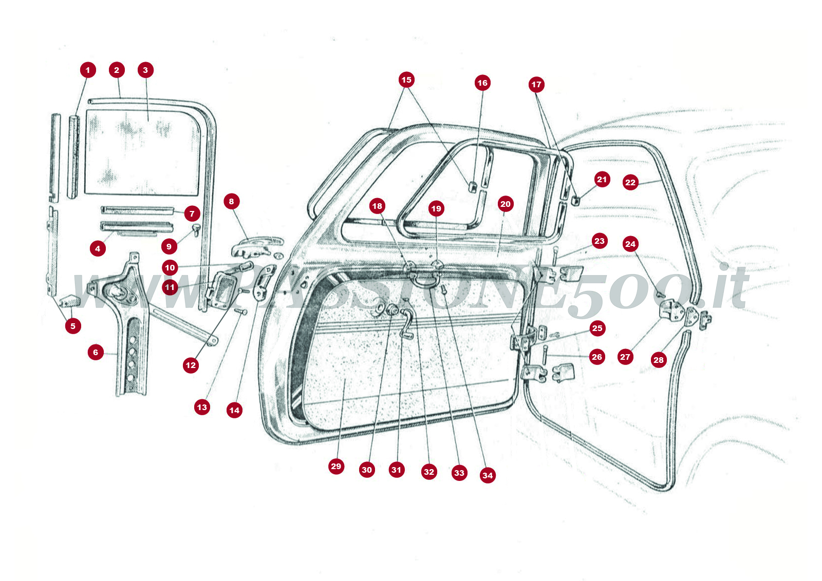 VUE EN ÈCLATÈ 7C – Portière et particulier FIAT 500D jusqú à n° de pièces détachées 314070