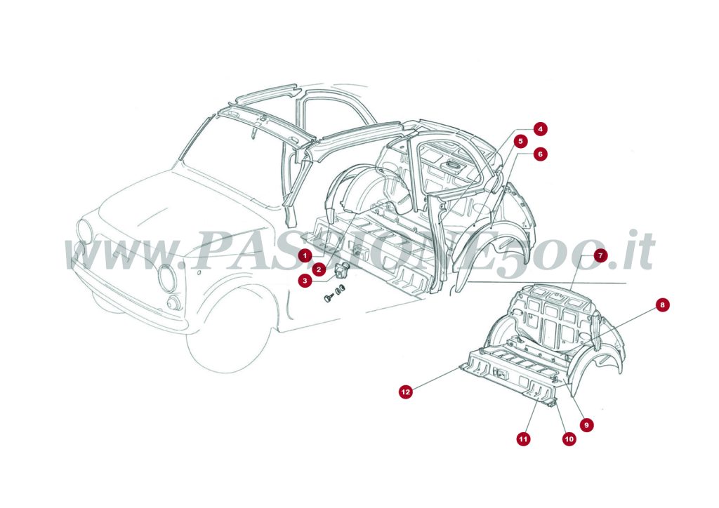 VUE EN ÈCLATÈ 4C/1– Pièces internes de carrosserie arrière FIAT 500R