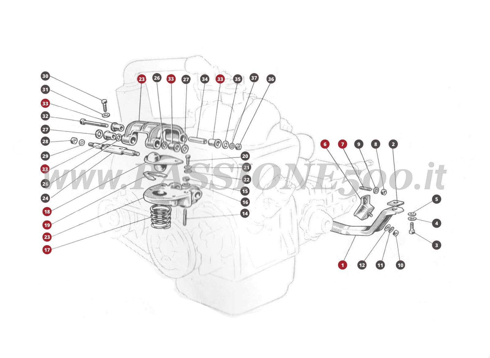 EXPLODED VIEW 26M – Engine and gearbox suspension mount FIAT 500N