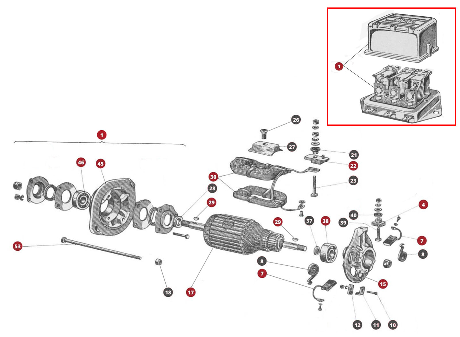 EXPLODED VIEW 38M – Dynamo and Regulator FIAT 500N