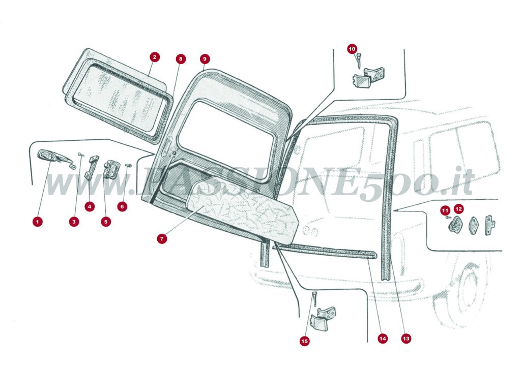 VUE EN ÈCLATÈ 10C – Porte arrière et particulier FIAT 500 Autobianchi Giardiniera Base F