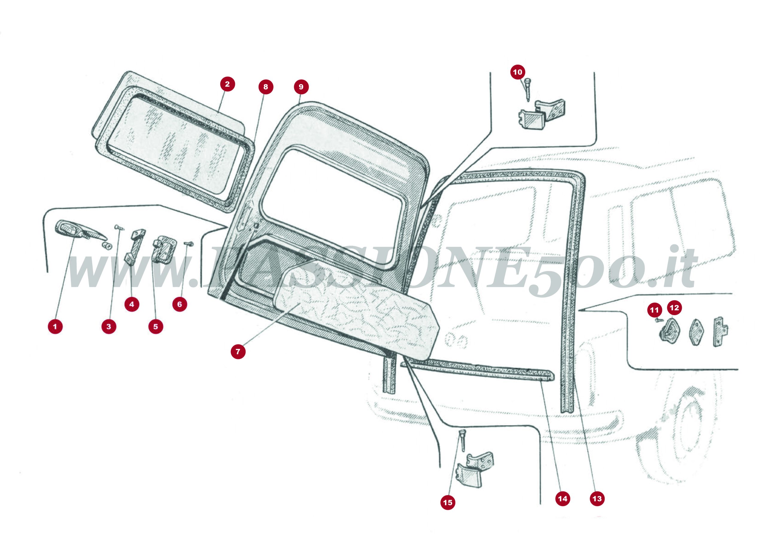ESPLOSO 10C – Portellone posteriore e particolari FIAT 500 Autobianchi Giardiniera Base F