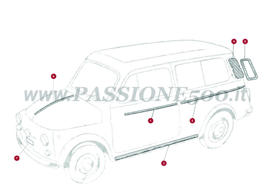 EXPLODED VIEW 13C – External parts and moulding trims FIAT 500 Giardiniera Base D