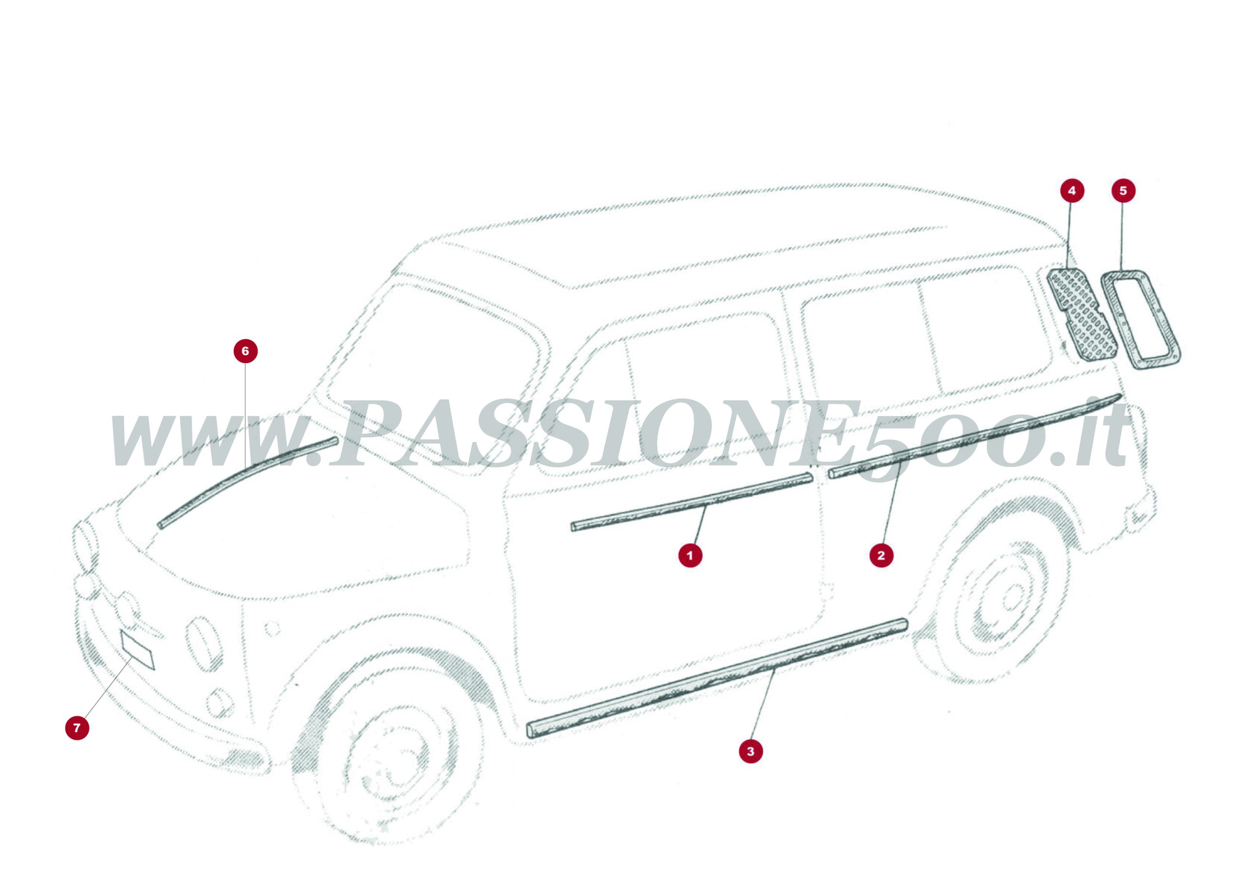 EXPLODED VIEW 13C – External parts and moulding trims FIAT 500 Giardiniera Base D