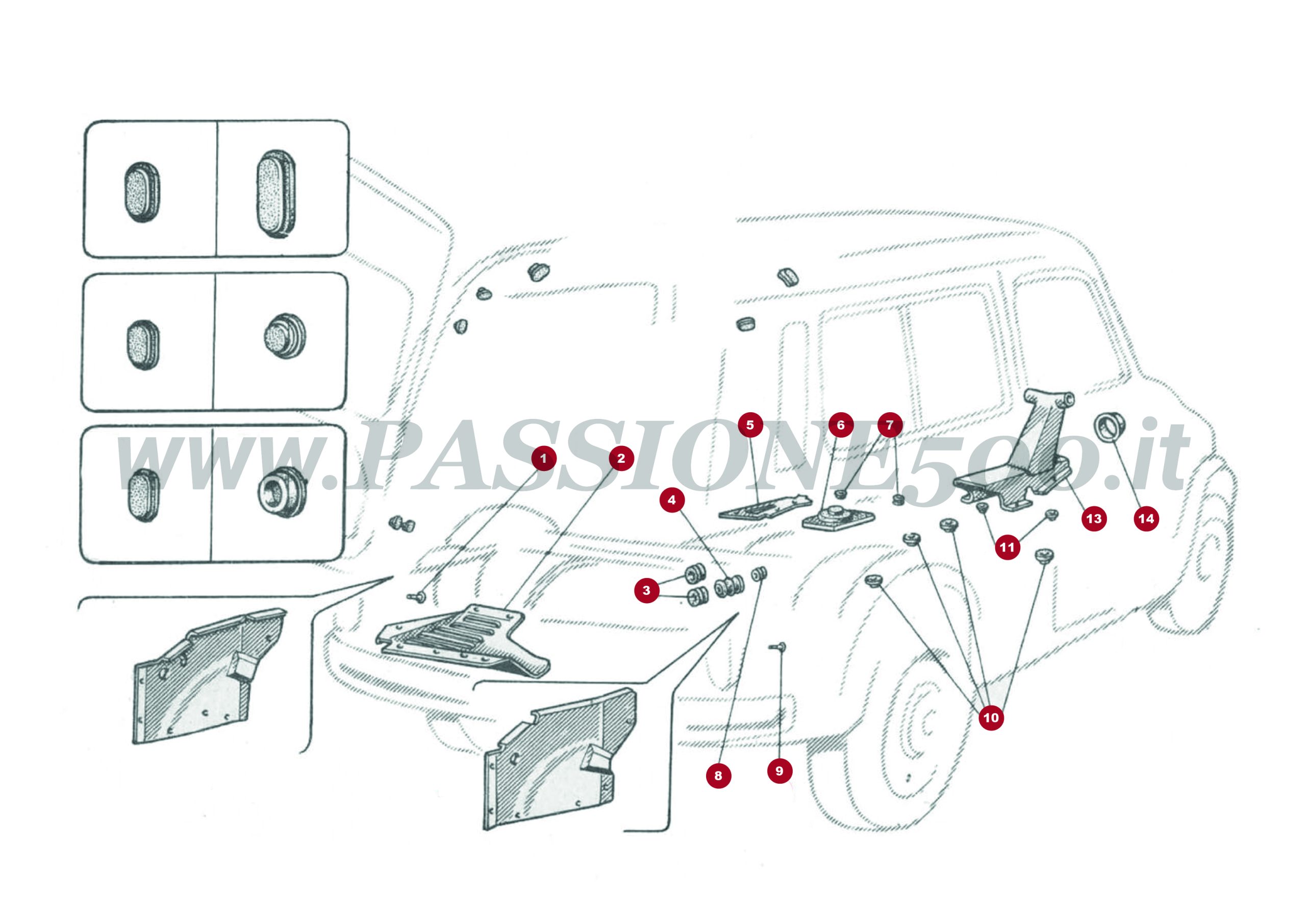 ESPLOSO 14C – Carter di riparo e gommini carrozzeria FIAT 500 Giardiniera Base D