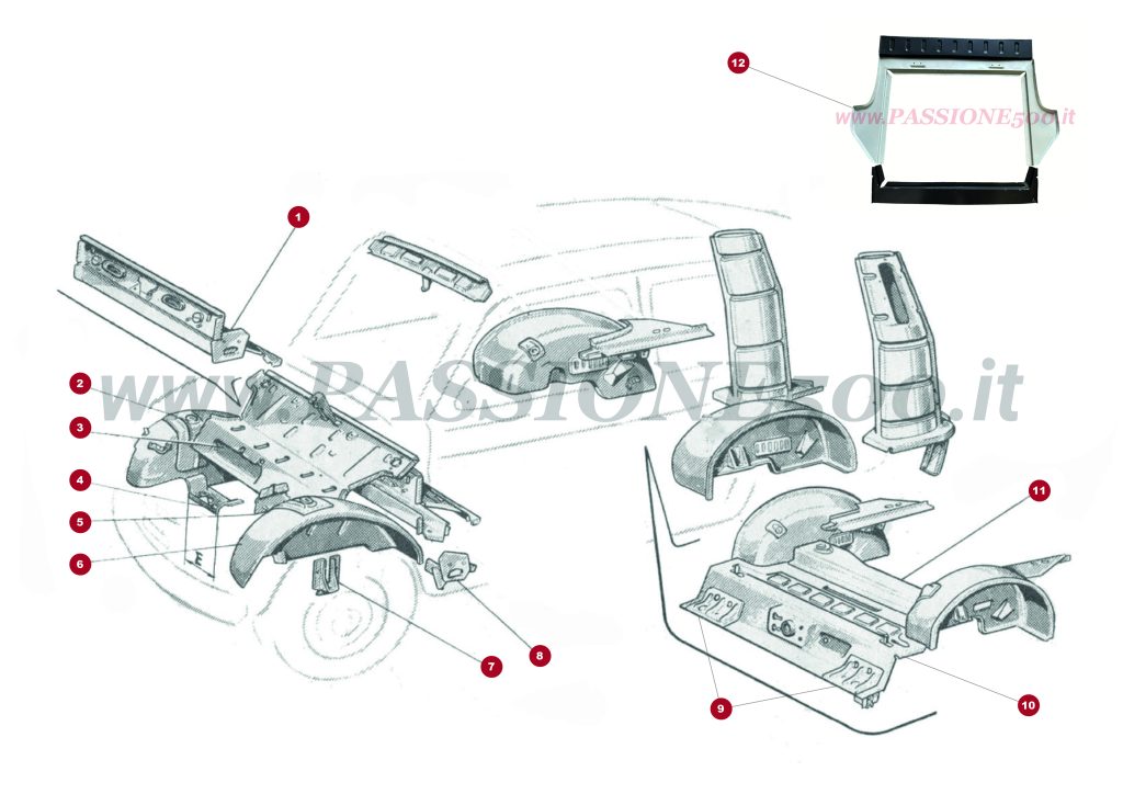 EXPLODED VIEW 4C – Front and rear internal body parts FIAT 500 Giardiniera Base D