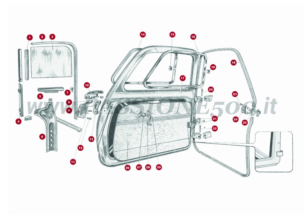 EXPLODED VIEW 7C – Door and parts FIAT 500 Giardiniera Base D