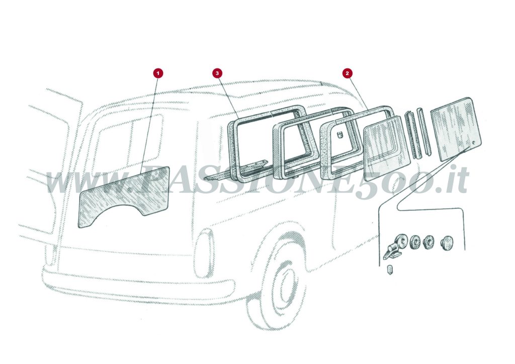 EXPLODED VIEW 8C – Rear quarter windows glass and inner panels FIAT 500 Giardiniera Base D
