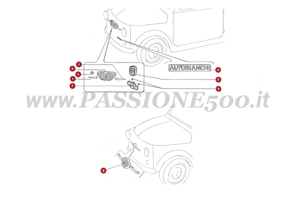 VUE EN ÈCLATÈ 12C – Monogramme avant FIAT 500 Autobianchi Giardiniera Base F