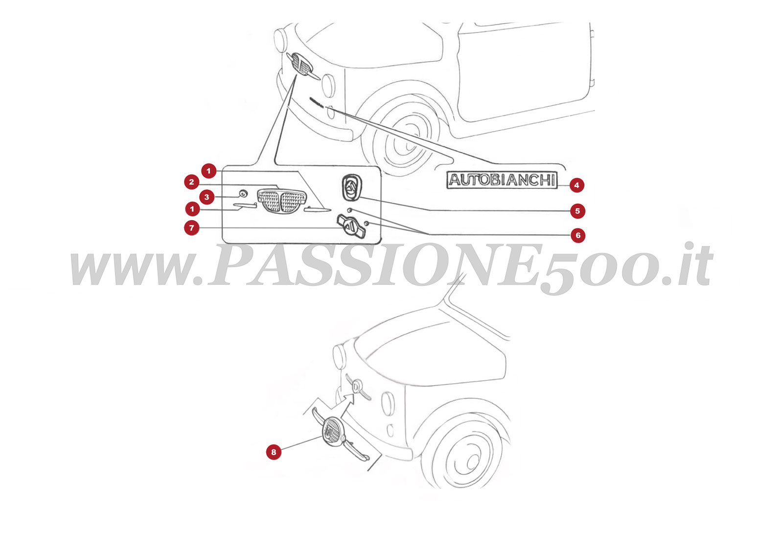EXPLODED VIEW 12C – Front emblems FIAT 500 Autobianchi Giardiniera Base F