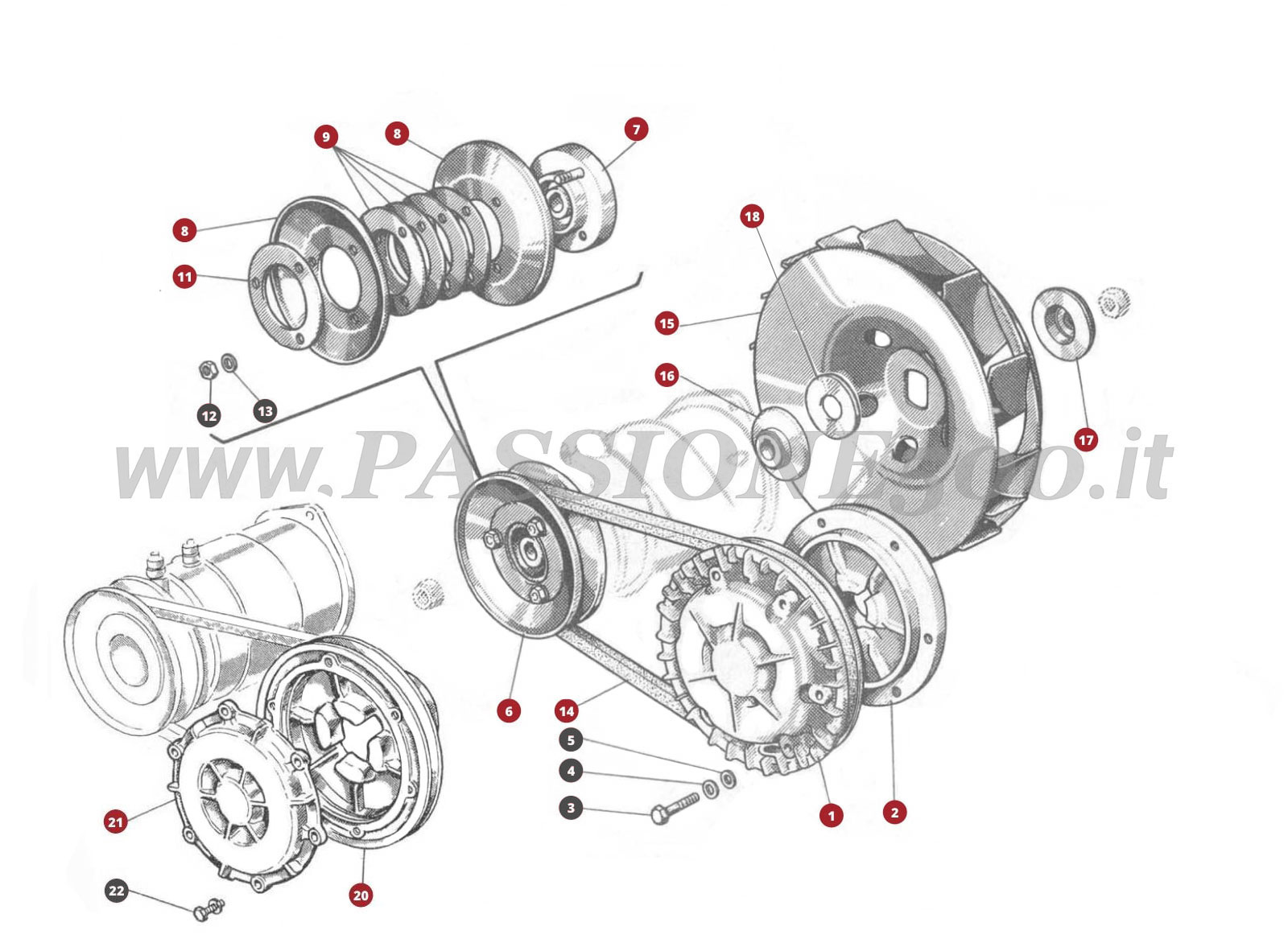 EXPLODED VIEW 14M – Cooling fan and dynamo control FIAT 500D
