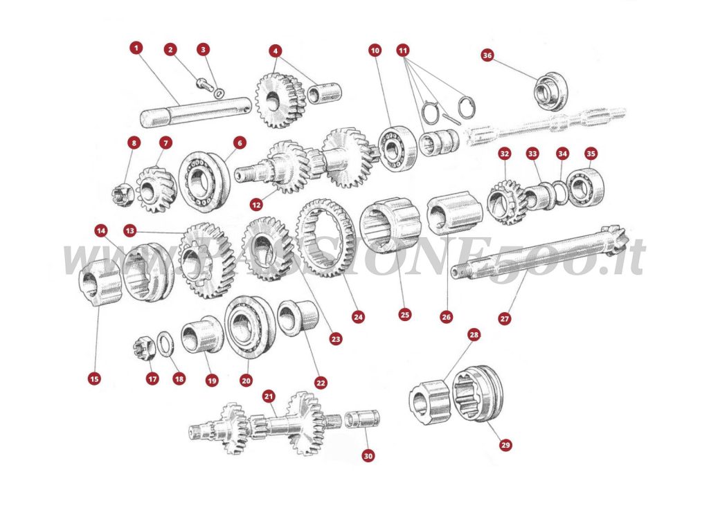 VUE EN ÈCLATÈ 18M – Engranages de boite de vitesses FIAT 500 Giardiniera Base D