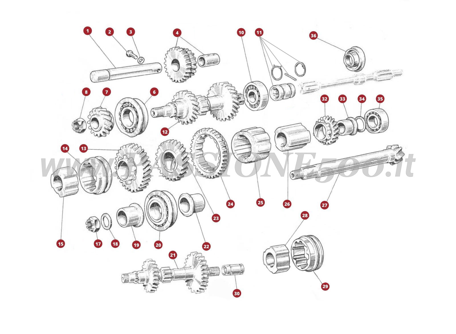 VUE EN ÈCLATÈ 18M – Engranages de boite de vitesses FIAT 500 Giardiniera Base D