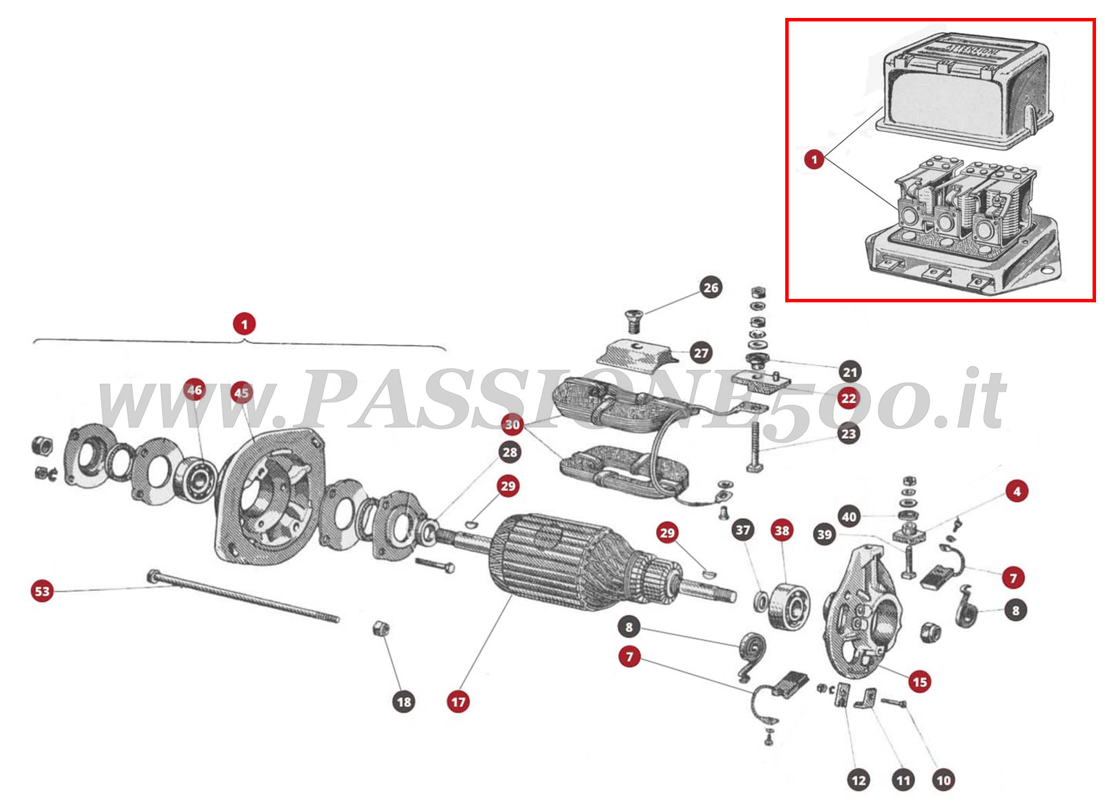EXPLODED VIEW 38M – Dynamo and Regulator FIAT 500D