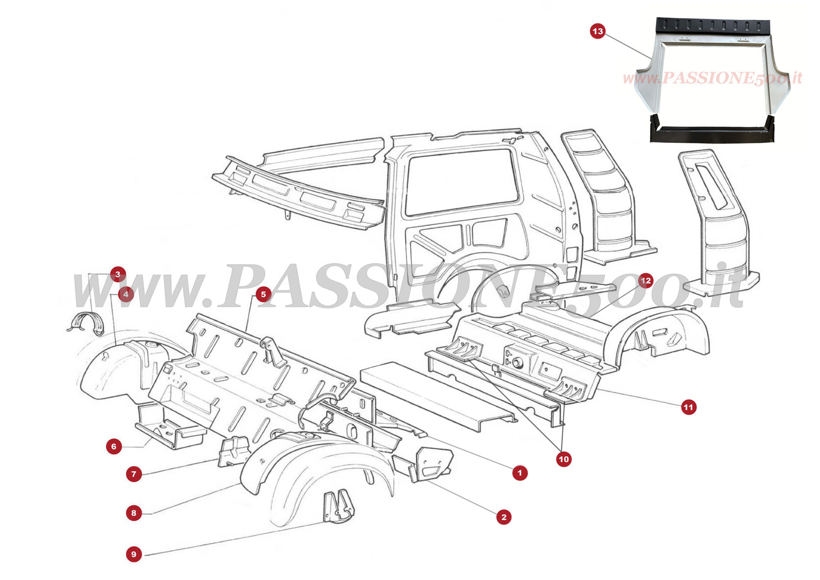 EXPLODED VIEW 4C – Front and rear internal body parts Autobianchi FIAT 500 Giardiniera Base F