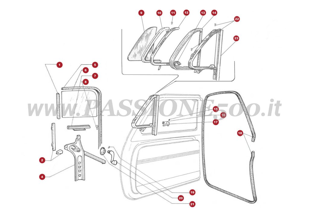 VUE EN ÈCLATÈ 6C – Vitre dèflecteur et particulier FIAT 500 Autobianchi Giardiniera Base F
