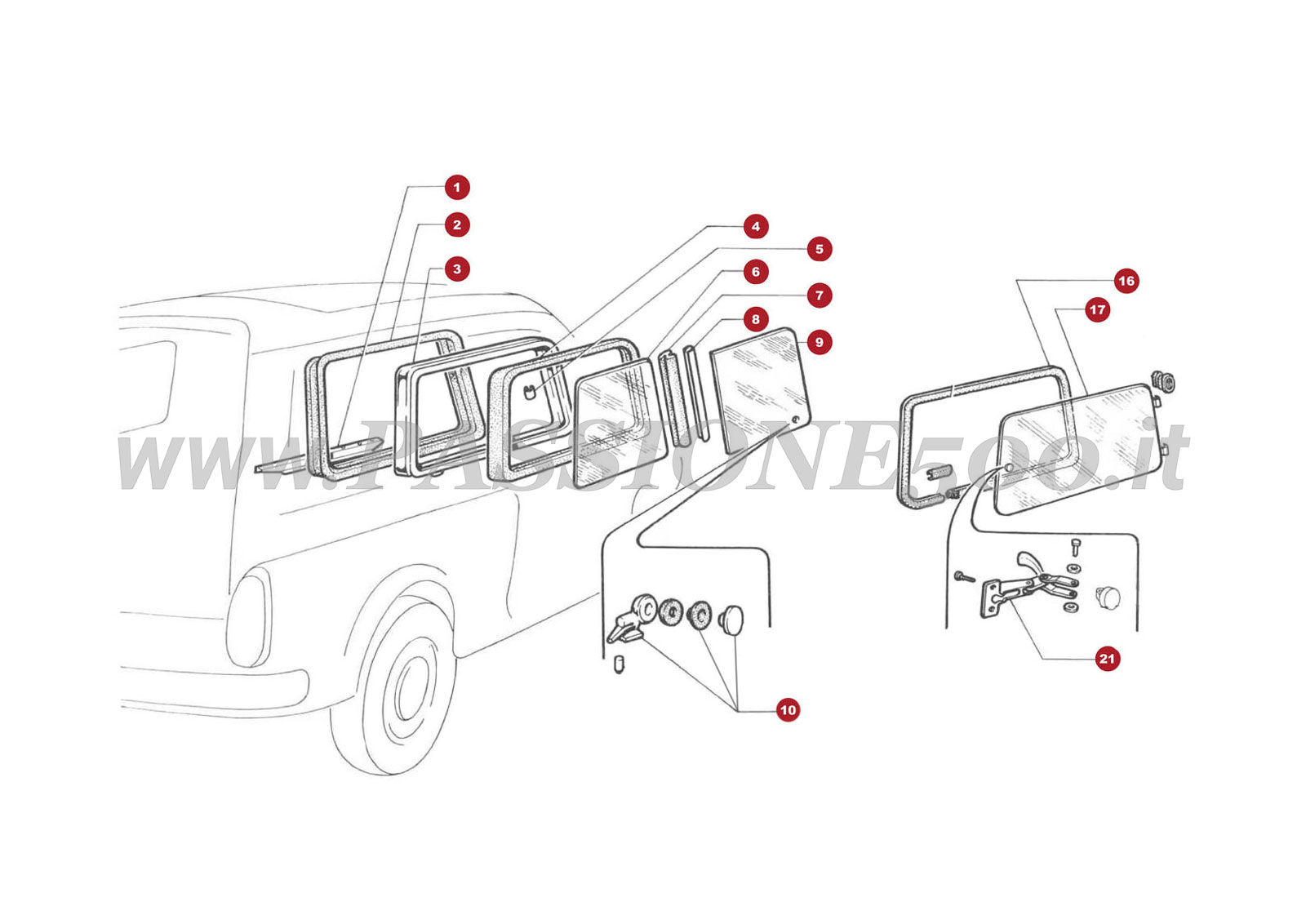 EXPLODED VIEW 8C – Rear quarter windows glass FIAT 500 Autobianchi Giardiniera Base F