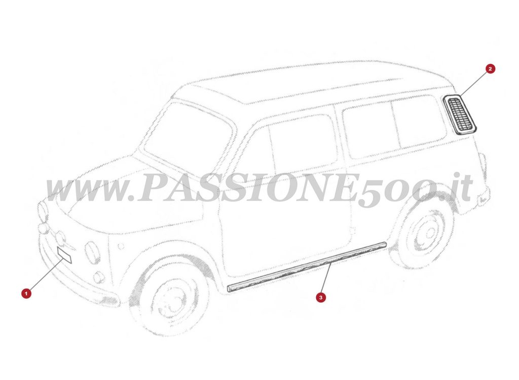 VUE EN ÈCLATÈ 13C – Dètails extérieur et baguettes FIAT Autobianchi 500 Giardiniera Base F