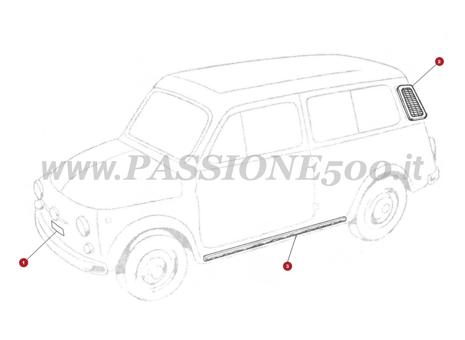 VUE EN ÈCLATÈ 13C – Dètails extérieur et baguettes FIAT Autobianchi 500 Giardiniera Base F