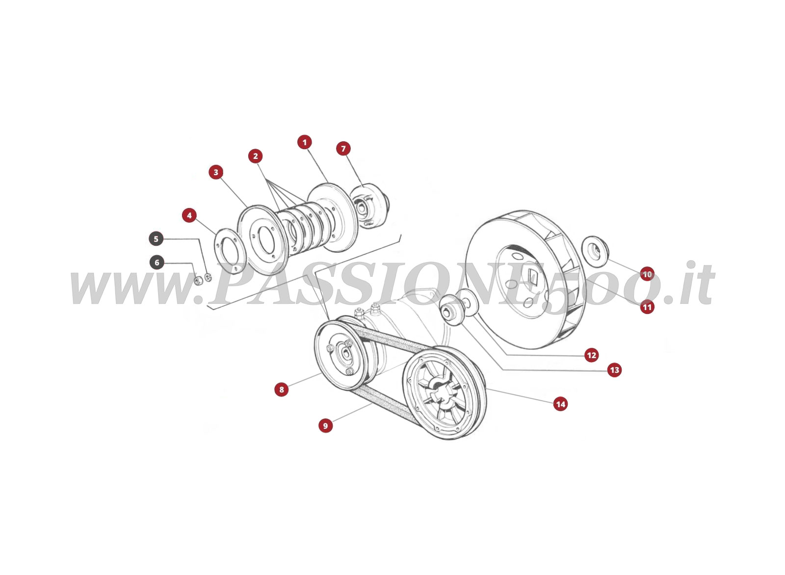 VUE EN ÈCLATÈ 14M – Commande turbine refroiddissement et dynamo FIAT 500F