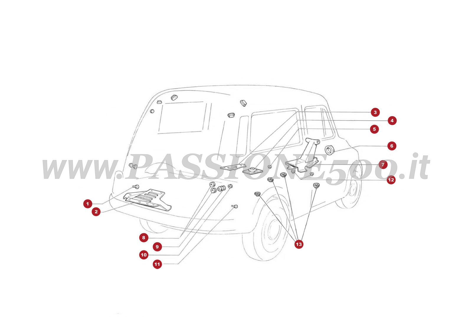EXPLODED VIEW 14C – Protection shields and rubber grommets Autobianchi FIAT 500 Giardiniera Base F