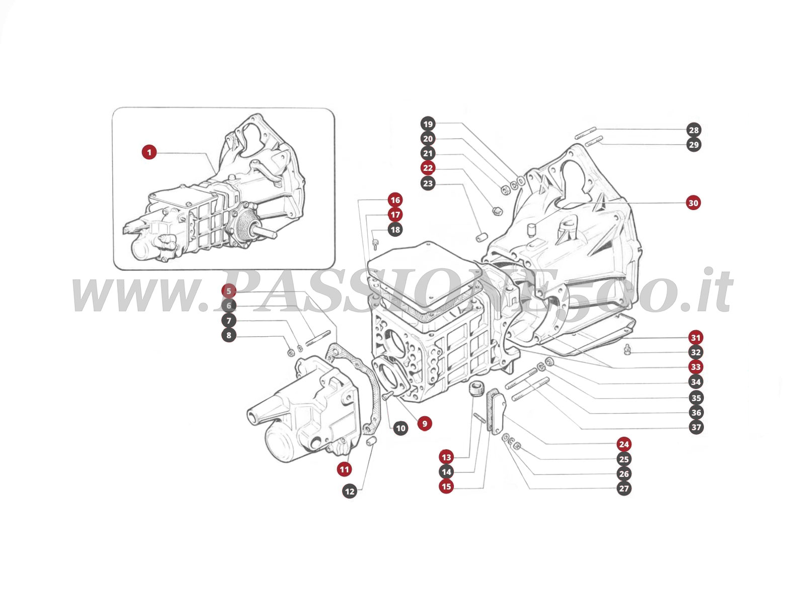 EXPLOSIONSZEICHNUNG 17M – Wechselgetriebe und differential FIAT 500F
