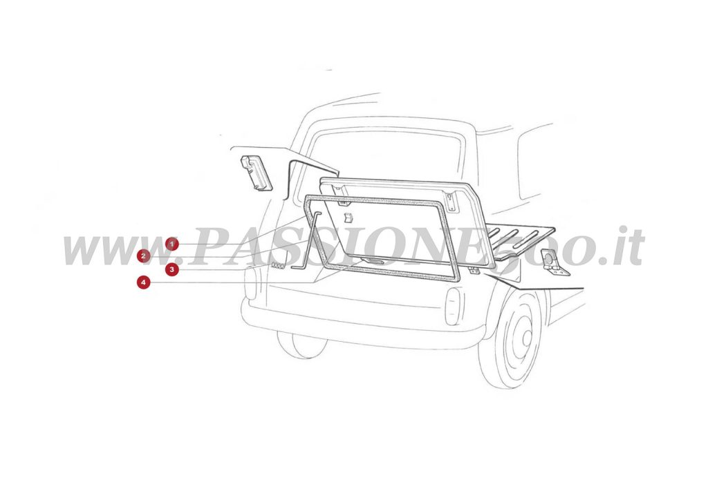 VUE EN ÈCLATÈ 21C – Détails des portes du compartiment moteur Autobianchi FIAT 500 Giardiniera Base F