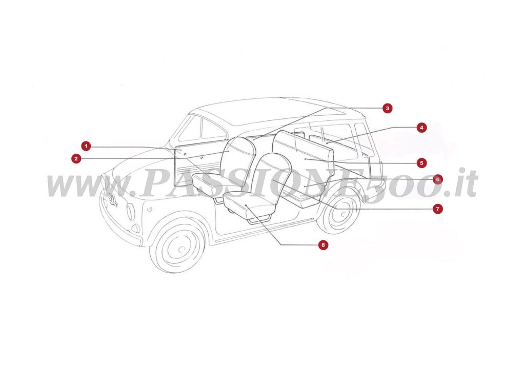 VUE EN ÈCLATÈ 22C – Panneaux de portes intérieures et housses de sièges Autobianchi FIAT 500 Giardiniera Base F