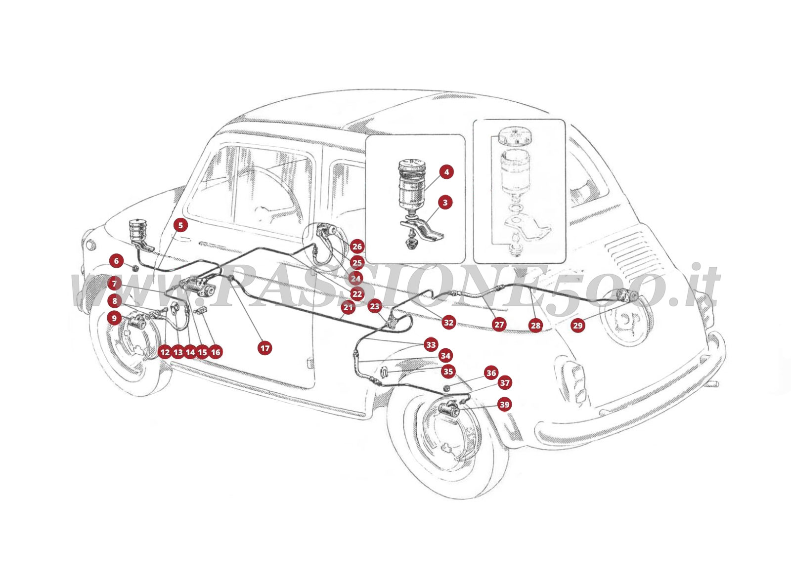 EXPLODED VIEW 23M – Brake control and Brake hydraulic system FIAT 500D