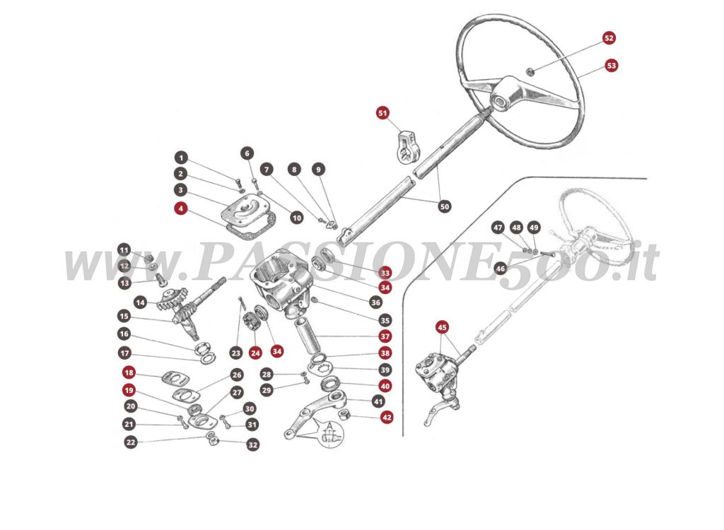 VUE EN ÈCLATÈ 27M – Commande de direction FIAT 500 Giardiniera Base D