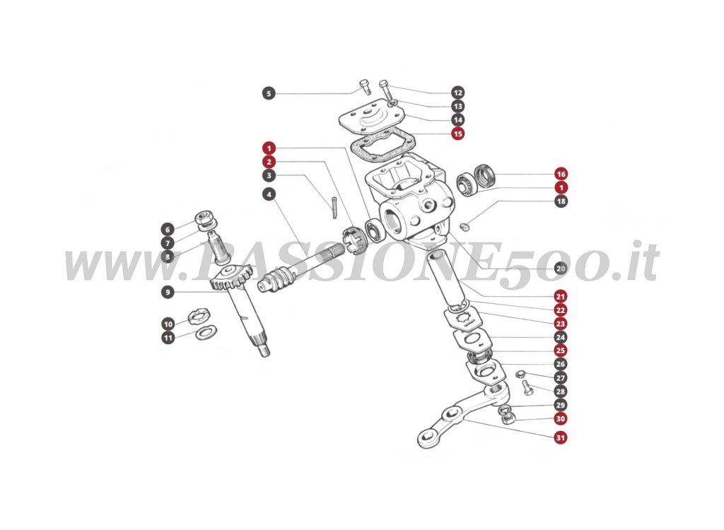 VUE EN ÈCLATÈ 27/1M – Boîtier de direction FIAT 500 Giardiniera Base F