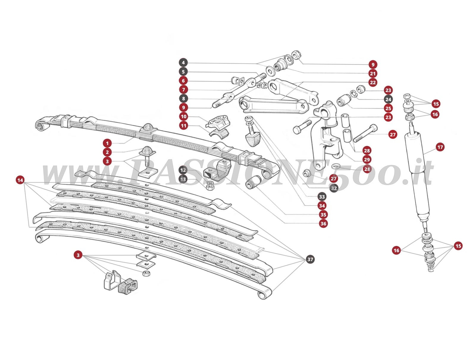 VUE EN ÈCLATÈ 29M – Suspension avant FIAT 500 Giardiniera Base F