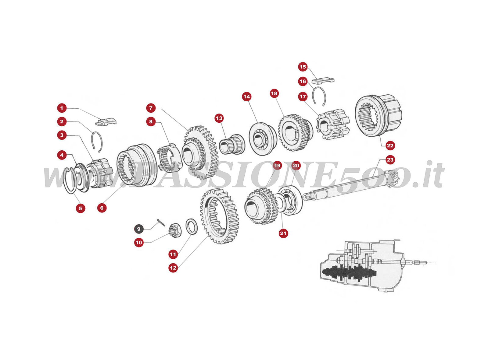 EXPLODED VIEW 18/1M – Synchronized transmission gears FIAT 500R
