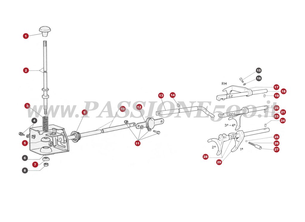 EXPLODED VIEW 20M – Gearshift handle control FIAT 500R