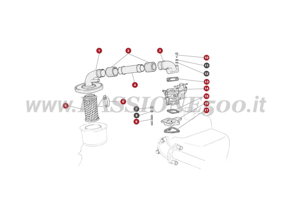 EXPLODED VIEW 9M – Carburettor and air filter FIAT 500R