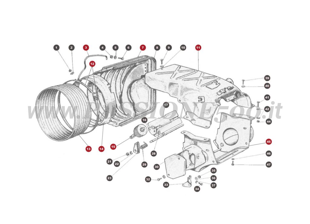 VUE EN ÈCLATÈ 13M – Systeme air et refroidissement FIAT 500 Giardiniera Base D
