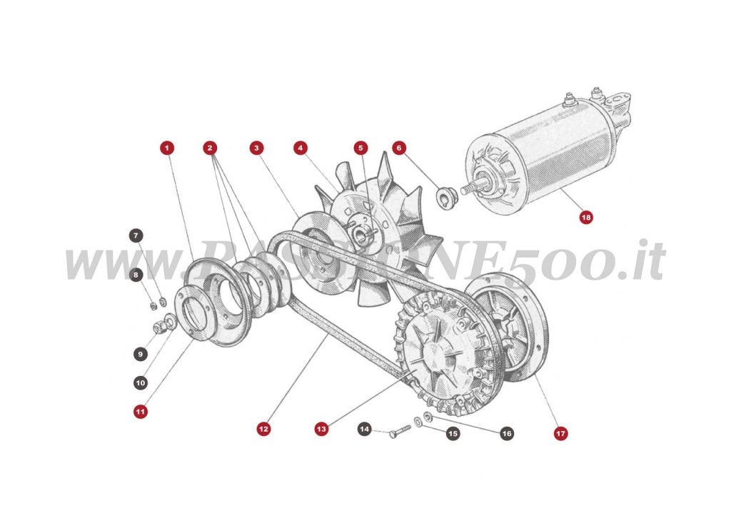 VUE EN ÈCLATÈ 14M – Commande turbine refroiddissement et dynamo FIAT 500 Giardiniera Base D