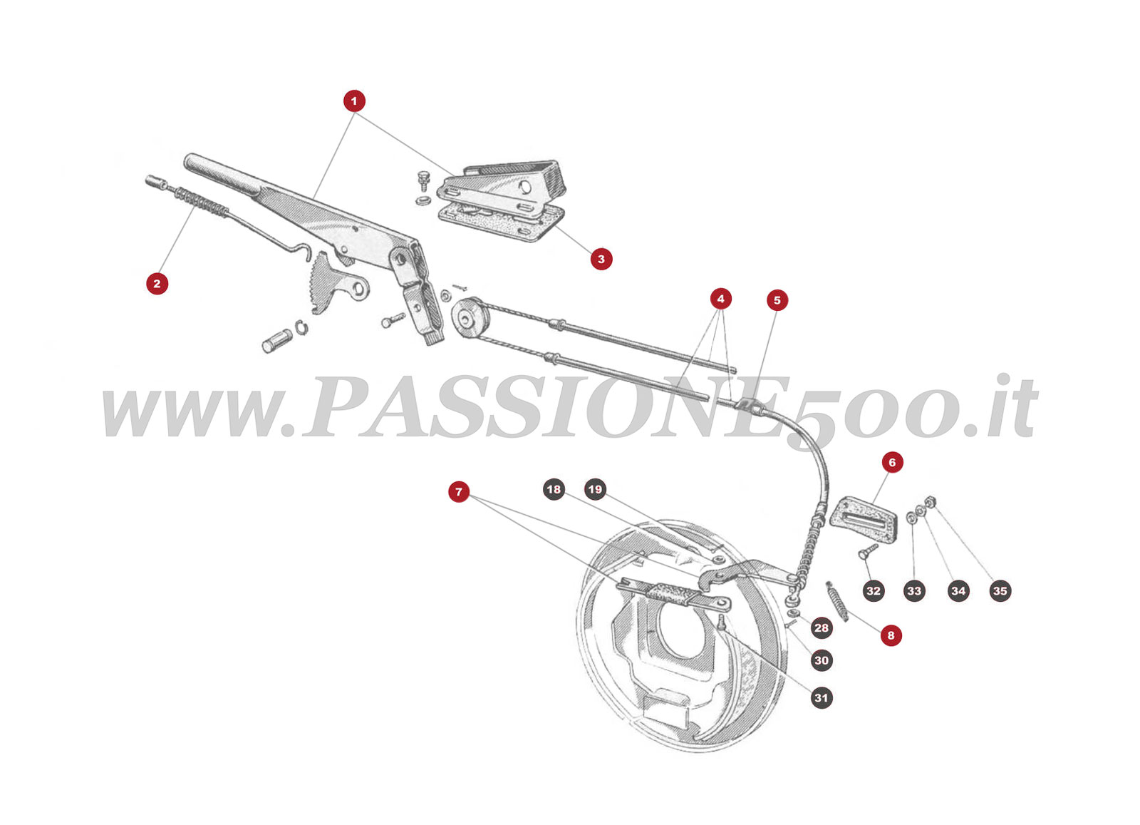 VUE EN ÈCLATÈ 25M – Commande à main du frein FIAT 500 Giardiniera Base D