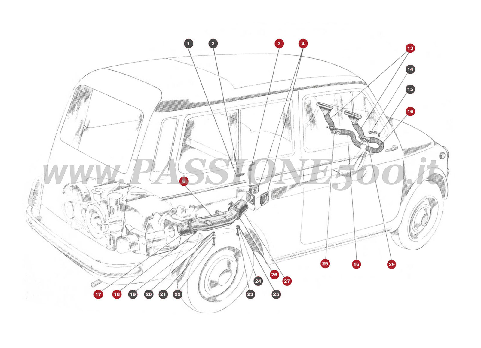 EXPLODED VIEW 33M – Heating system FIAT 500 Giardiniera Base D