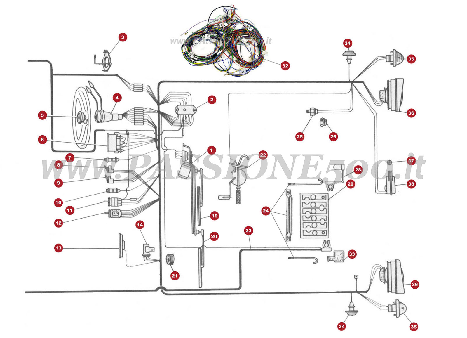 EXPLODED VIEW 34/1M – Front electrical system FIAT 500 Giardiniera Base D