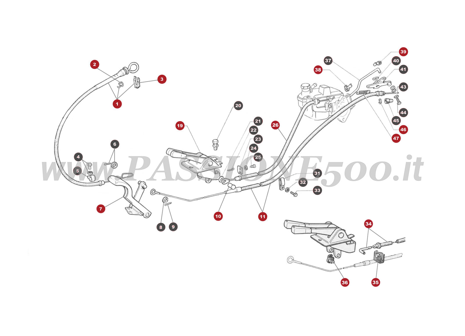 VUE EN ÈCLATÈ 10M – Commande accelérateur et carburateur FIAT 500 Giardiniera Base F